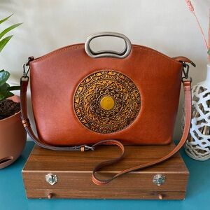 Brown Leather Mandala Large Tote w/ Removable Strap
